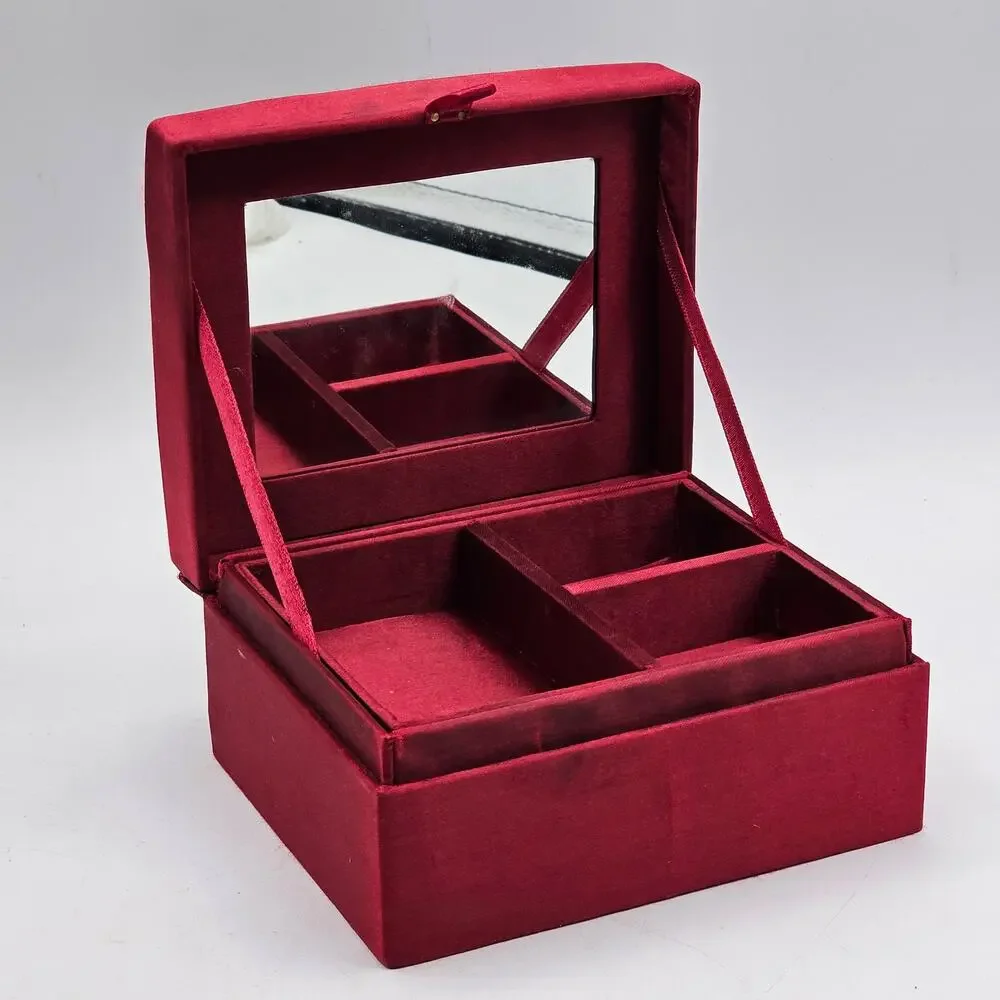 Red Satin Sequin Jewelry Box with Mirror Glam Vanity Organizer Boho Decor